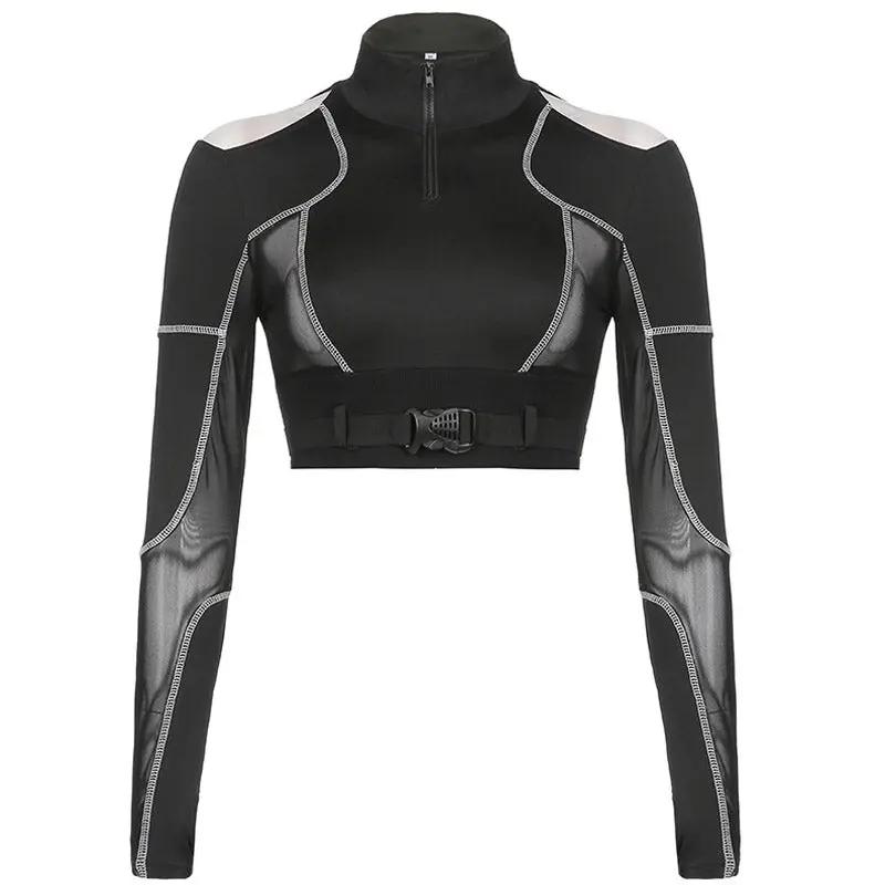 Biker High Neck Zip Front Long Sleeve Cutout Mesh Buckled Crop Top - Black - Fashionpara