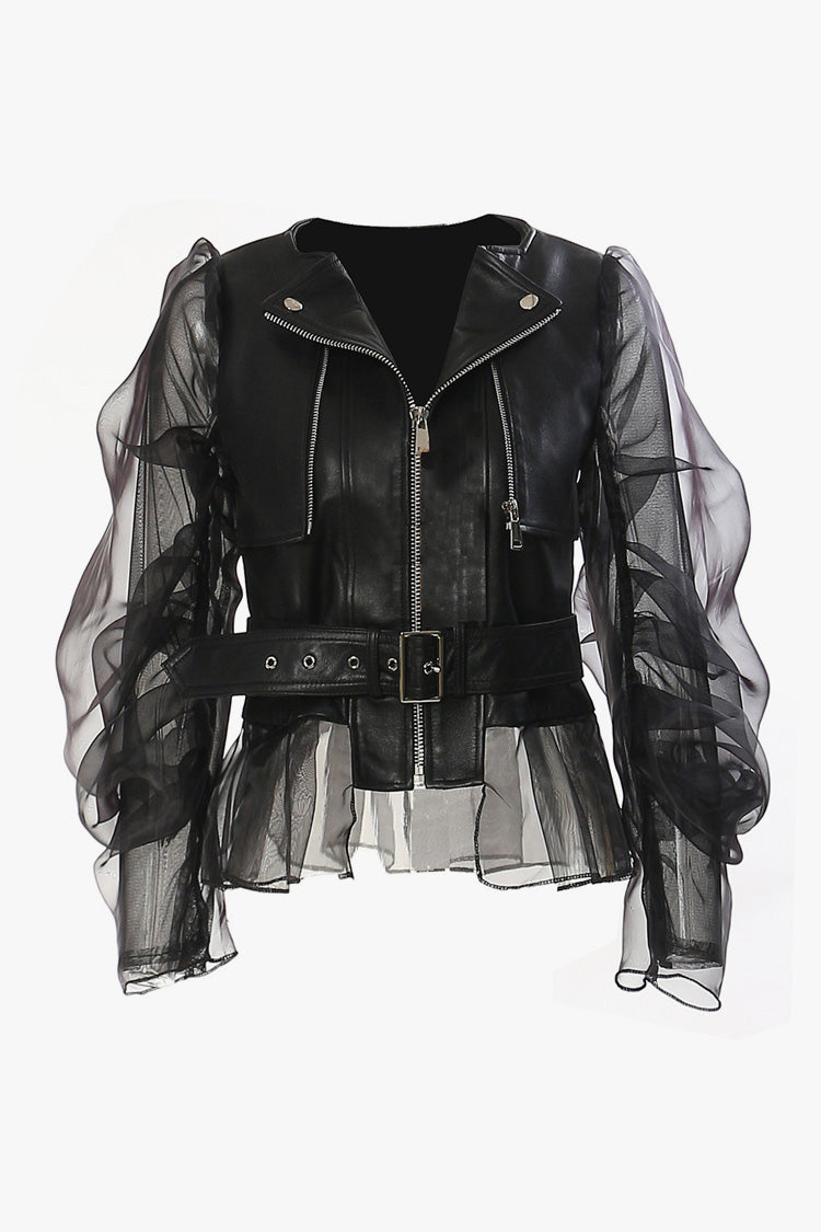 Biker Peplum Leather Jacket with Sheer Organza Sleeves