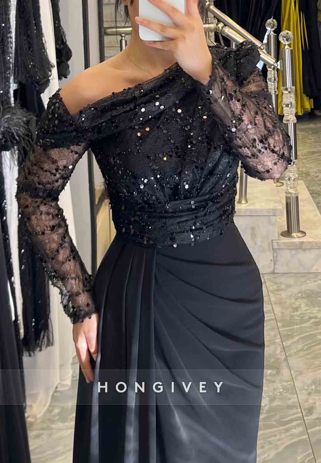 Black A-Line Floor-Length One Shoulder Long Sleeves Side Draping Evening Gowns