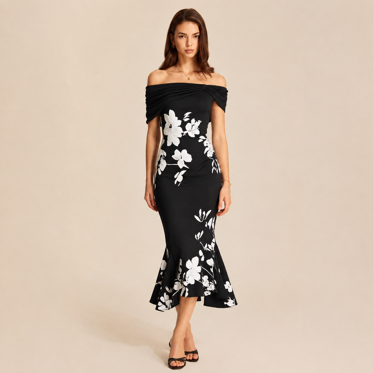 Off Shoulder Twist Front Floral High Low Fishtail Midi Dress 4