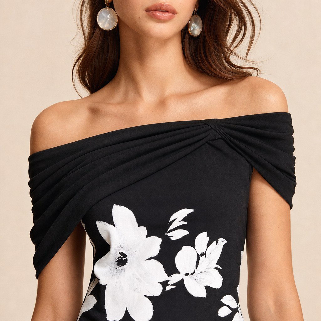 Off Shoulder Twist Front Floral High Low Fishtail Midi Dress 5