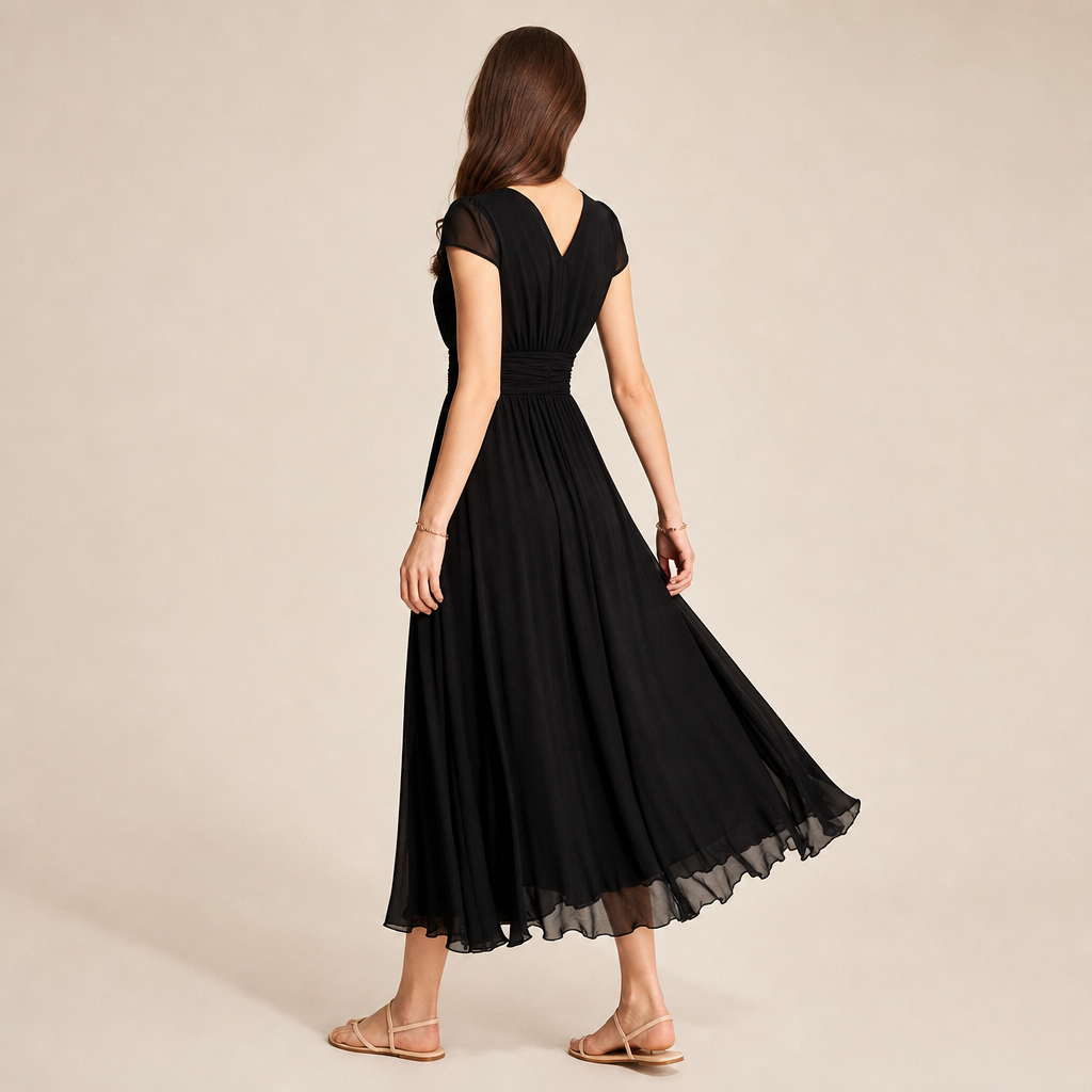 V-Neck Cap Sleeve Ruched Waist Chiffon Midi Dress 3