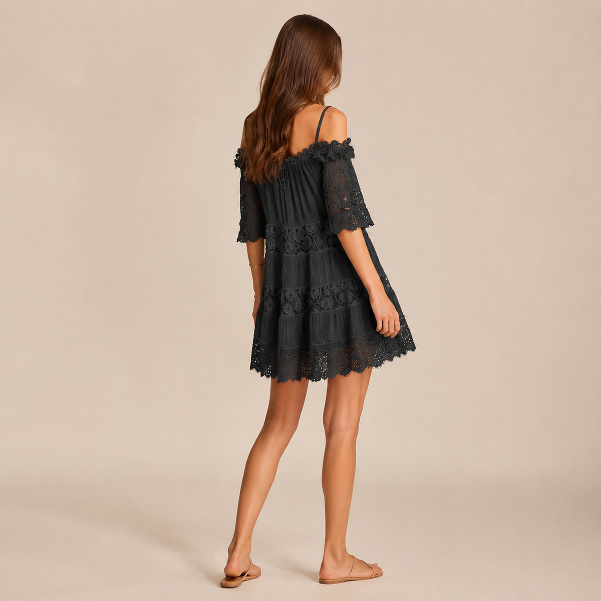 Off Shoulder Crochet Lace Tiered Mini Beach Dress 3
