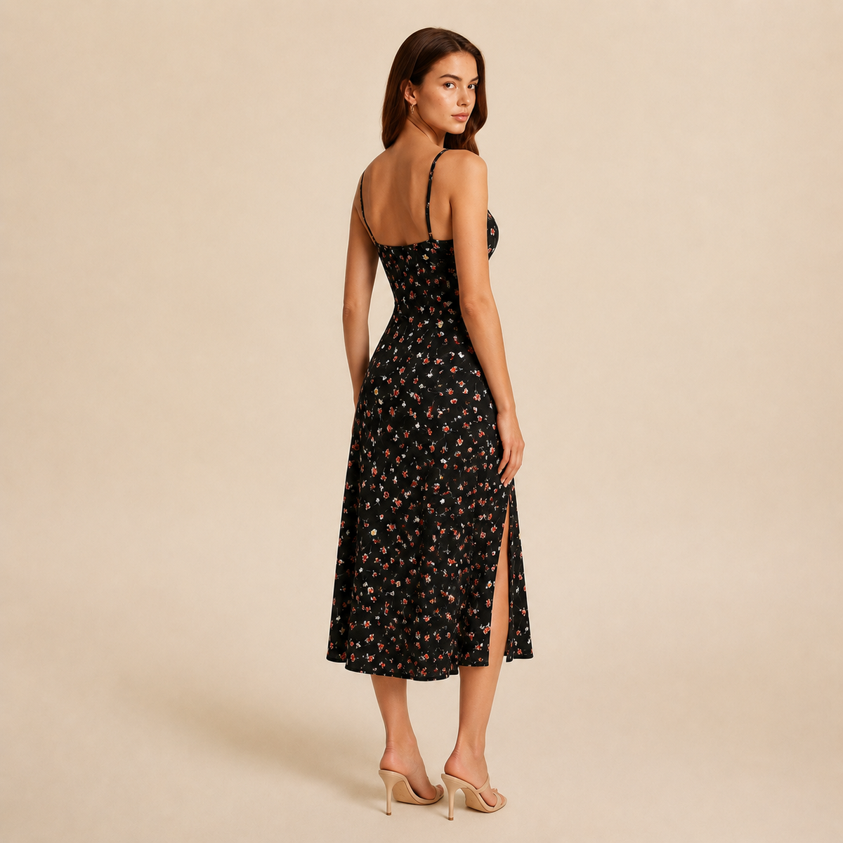 Ditsy Floral Strappy High Split Satin Midi Dress 3