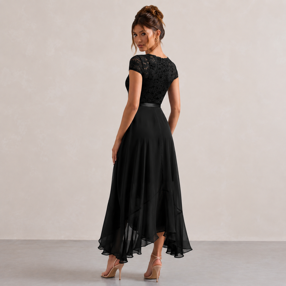 V-Neck Cap Sleeve Lace Bodice Ruffle High Low Midi Dress 3