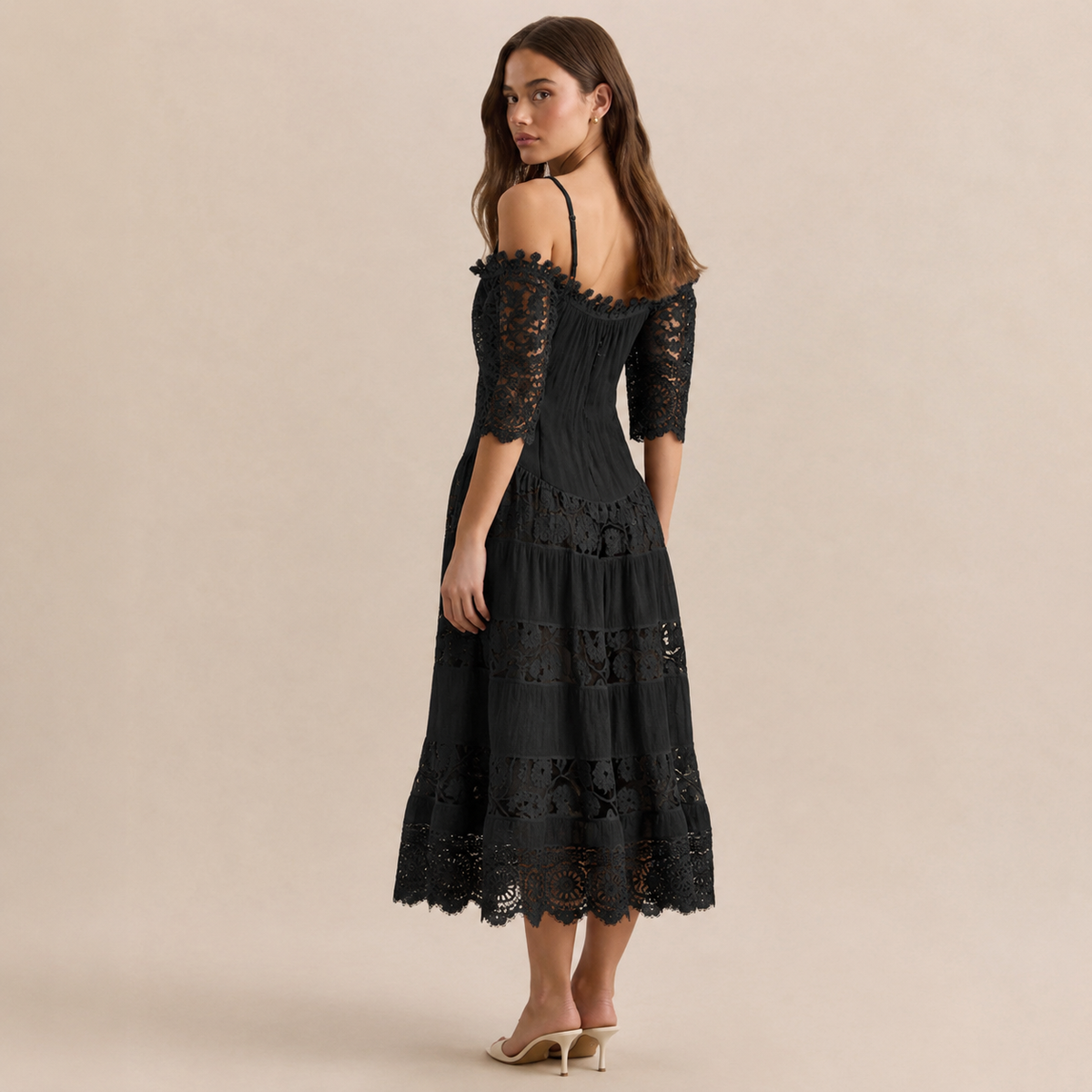 Off Shoulder Crochet Lace Trim Tiered Midi Dress 3