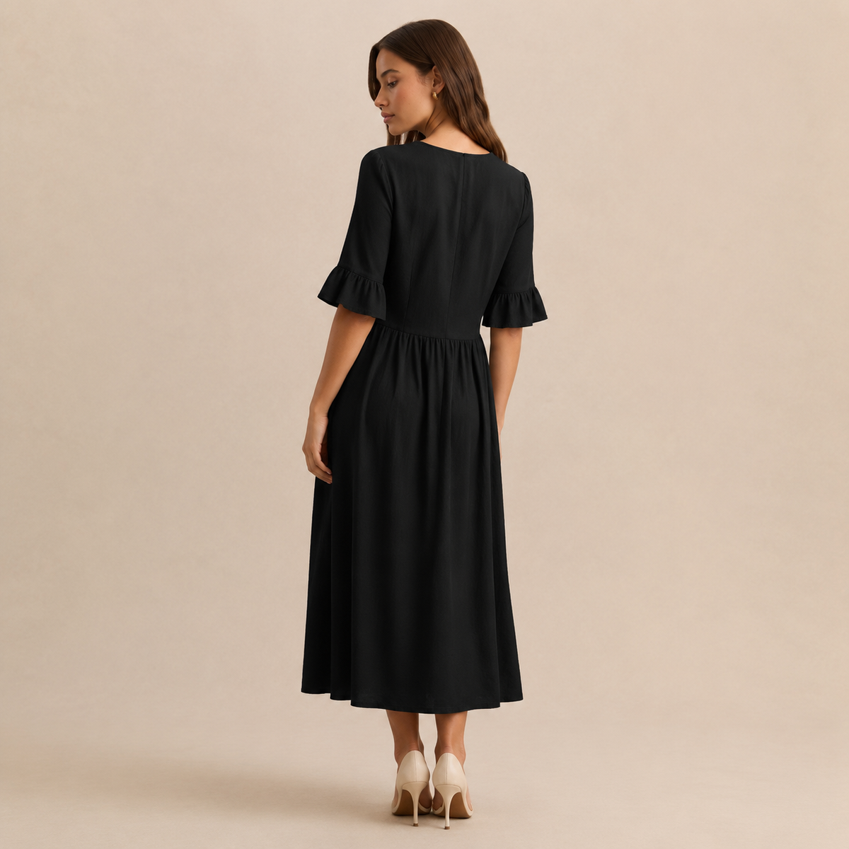 Notch Neck Wooden Button Front Pleated A-Line Midi Dress 3