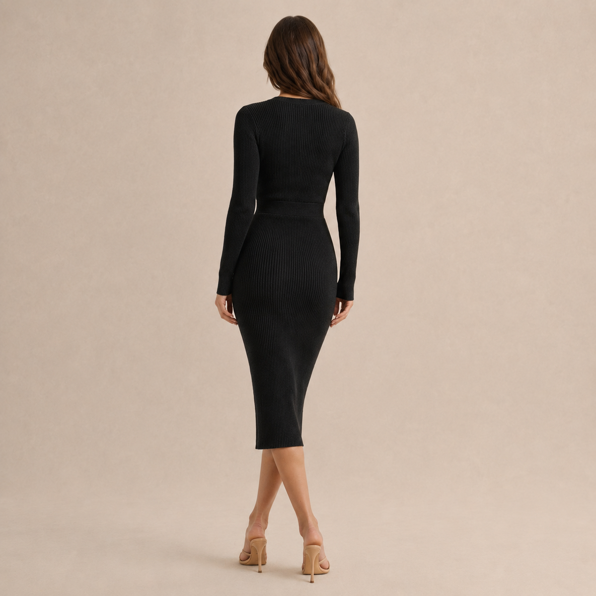 V-Neck Long Sleeve Button Side Ribbed Knit Midi Dress 3