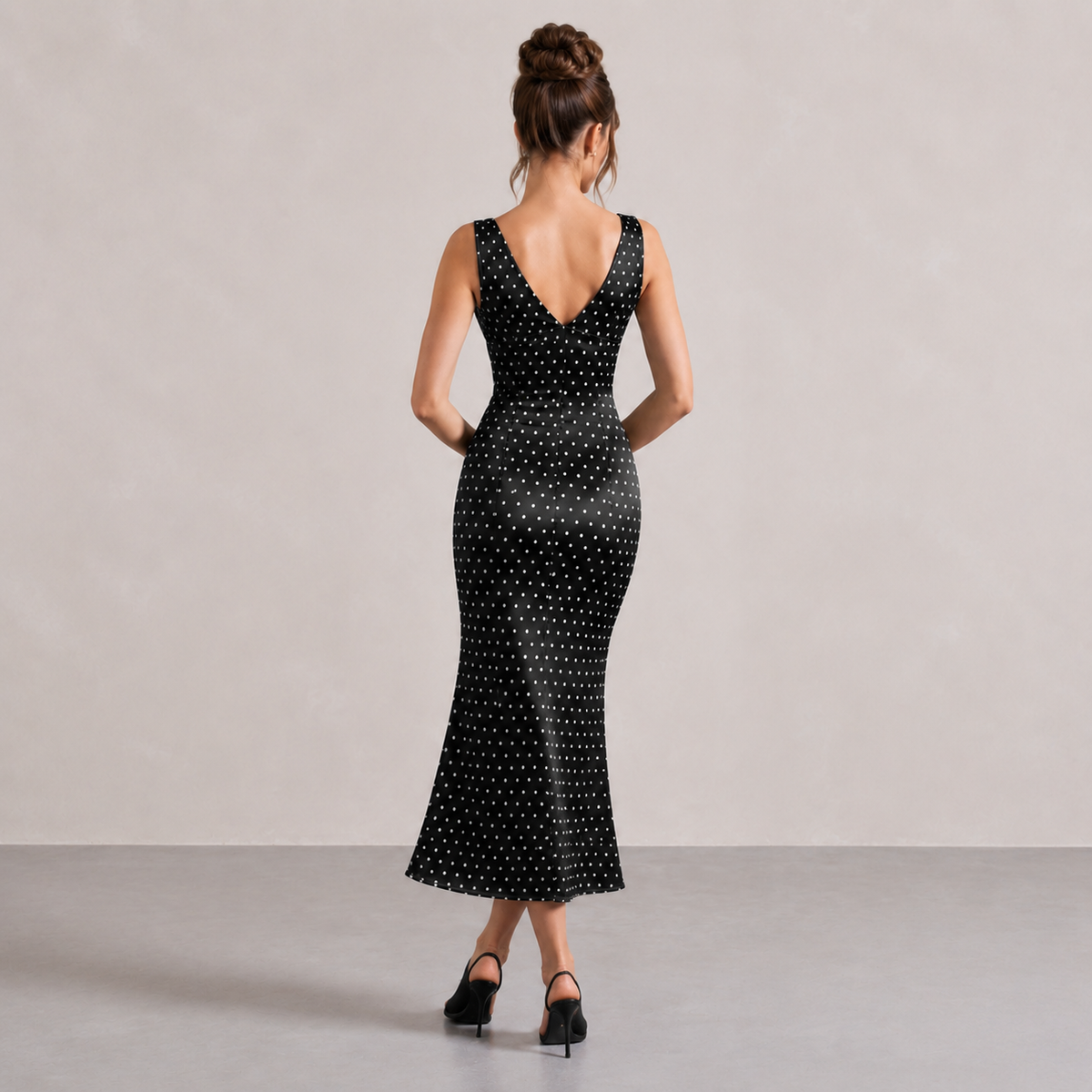 Polka Dot Satin V-Neck Fishtail Midi Dress 3