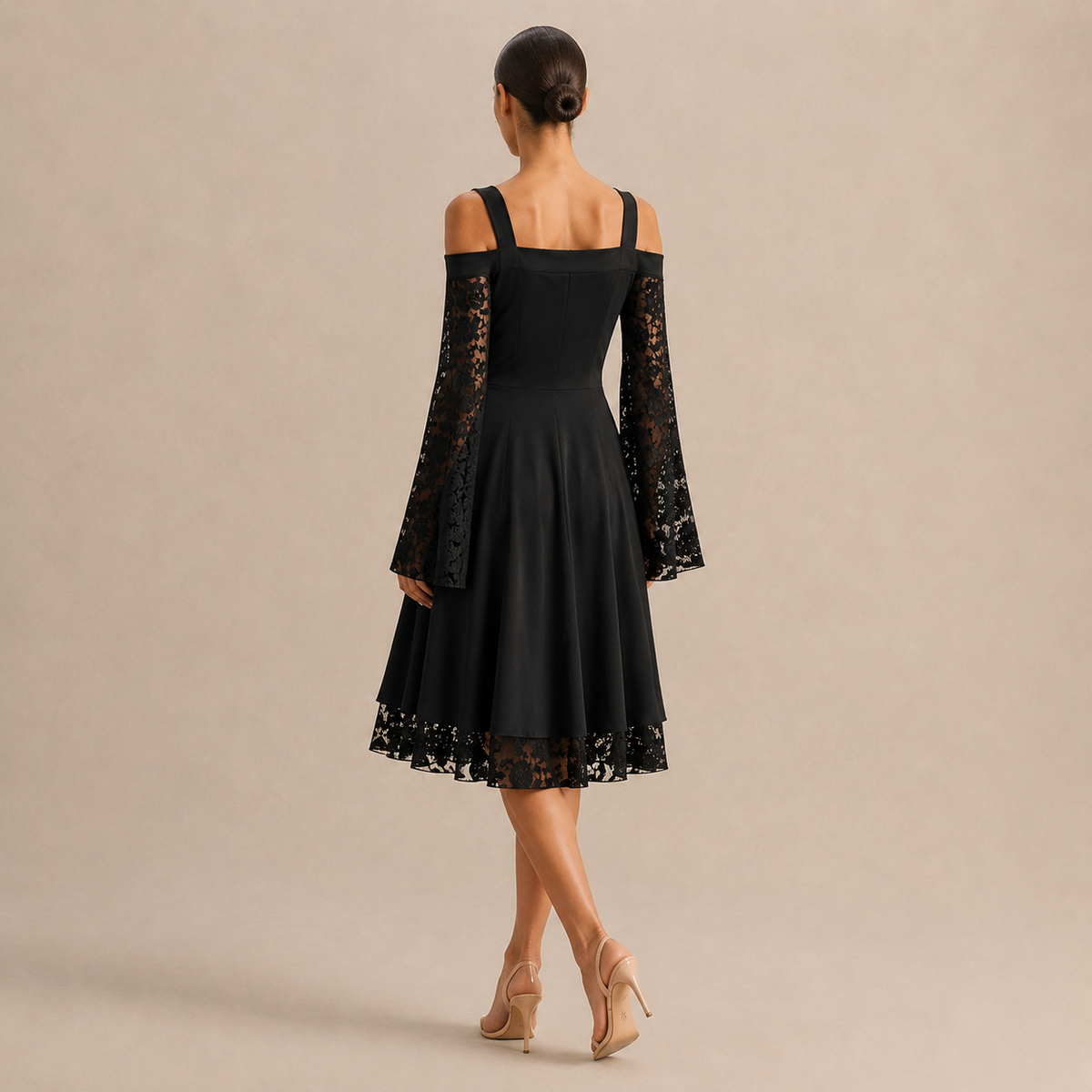 Cold Shoulder Lace Bell Sleeve Lace Up Fit and Flare Dress 3