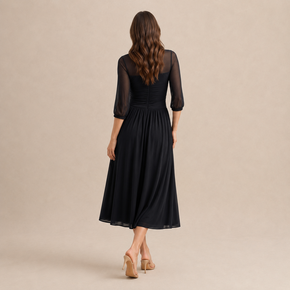 V-Neck Mesh Sleeve Tie Front Ruched Midi Dress 3