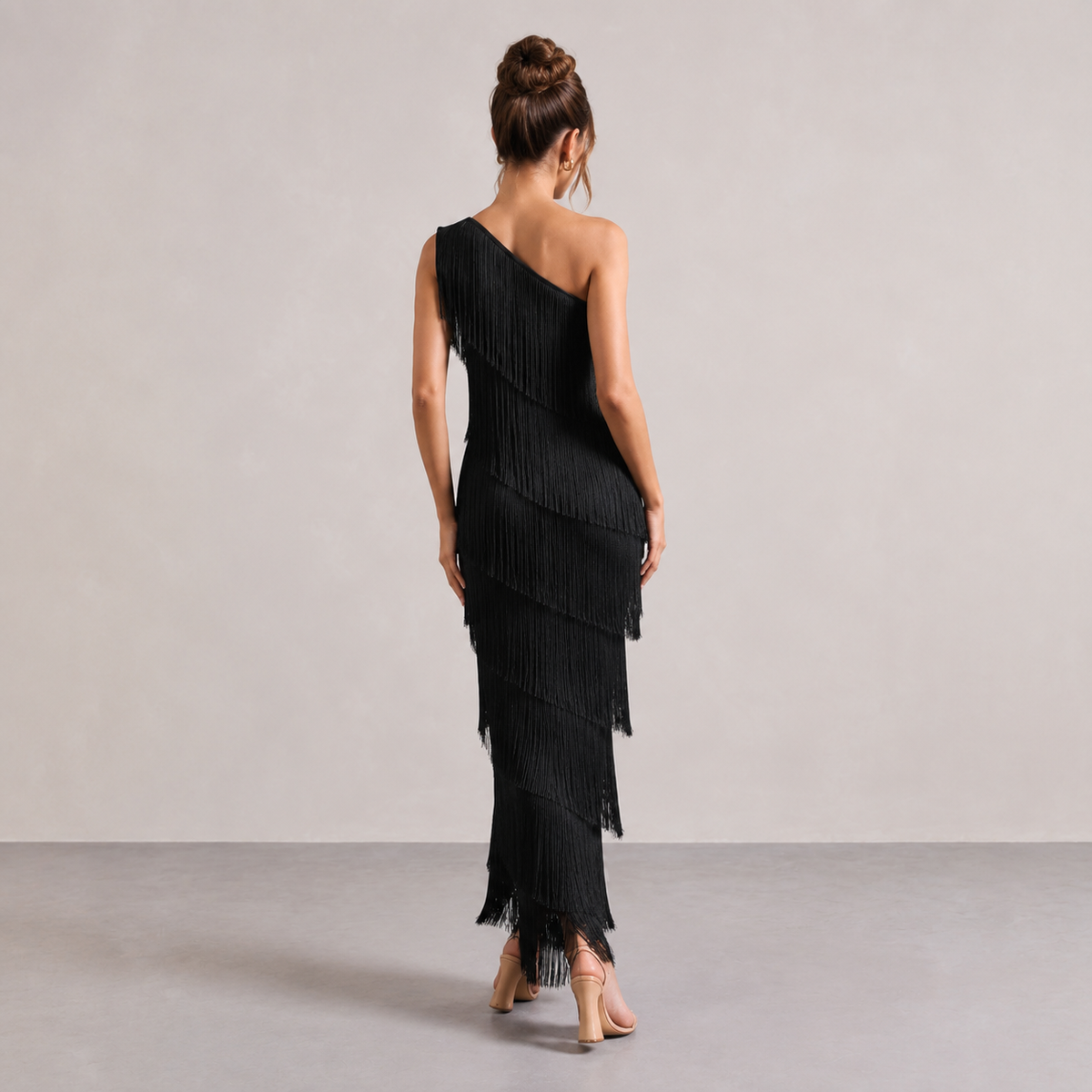 One Shoulder Tiered Tassel Fringe Bodycon Maxi Dress 3