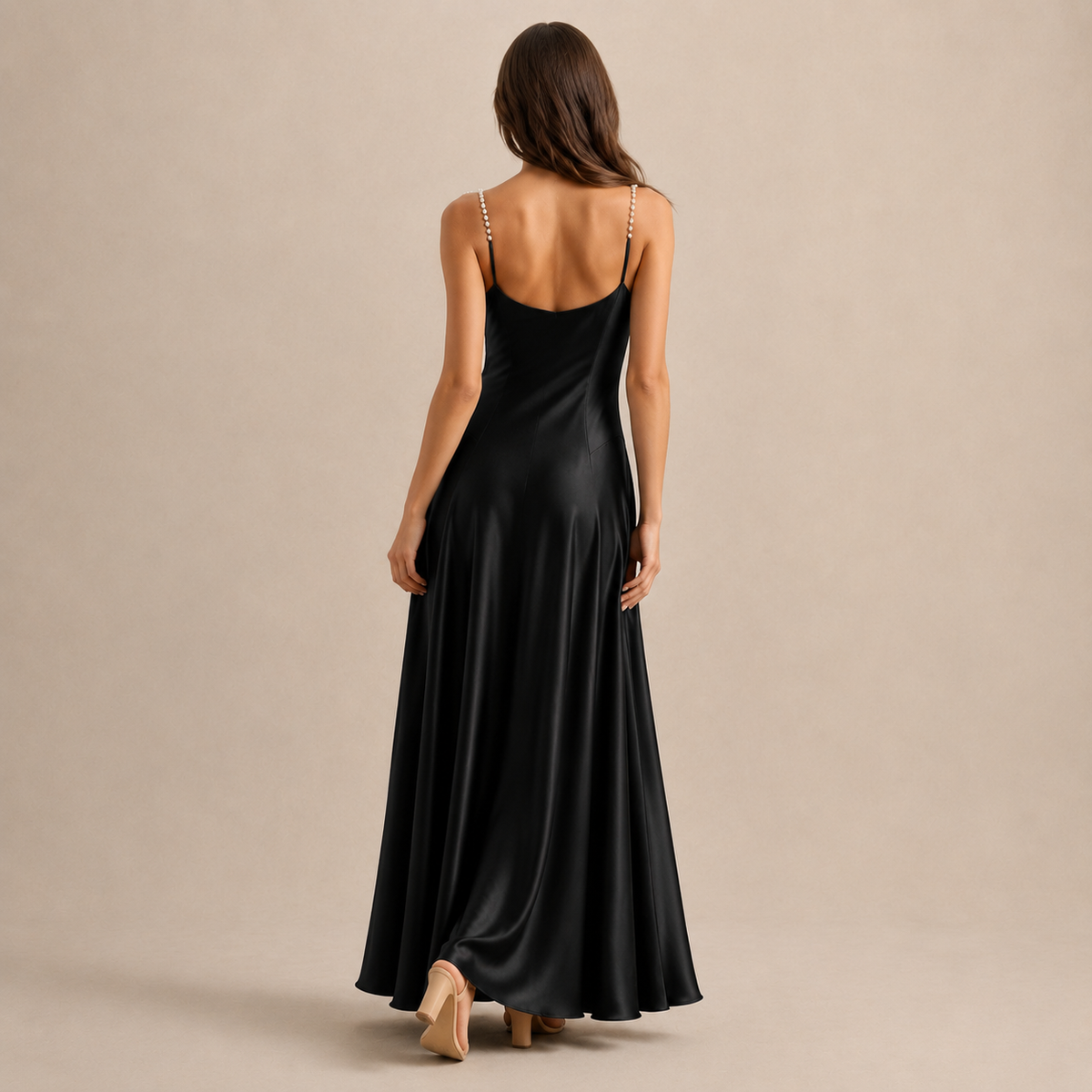 Cowl Neck Pearl Strap Satin Maxi Dress 3