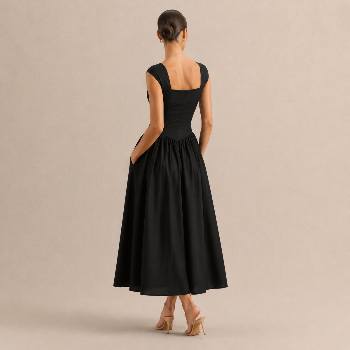 Square Neck Cap Sleeve Ruched Corset Fit and Flare Midi Dress 6