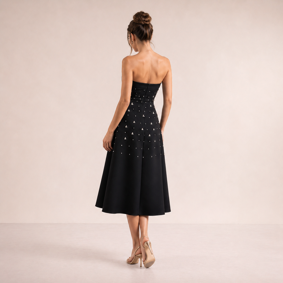 Strapless Pearl Embellished Fit and Flare Midi Dress 3