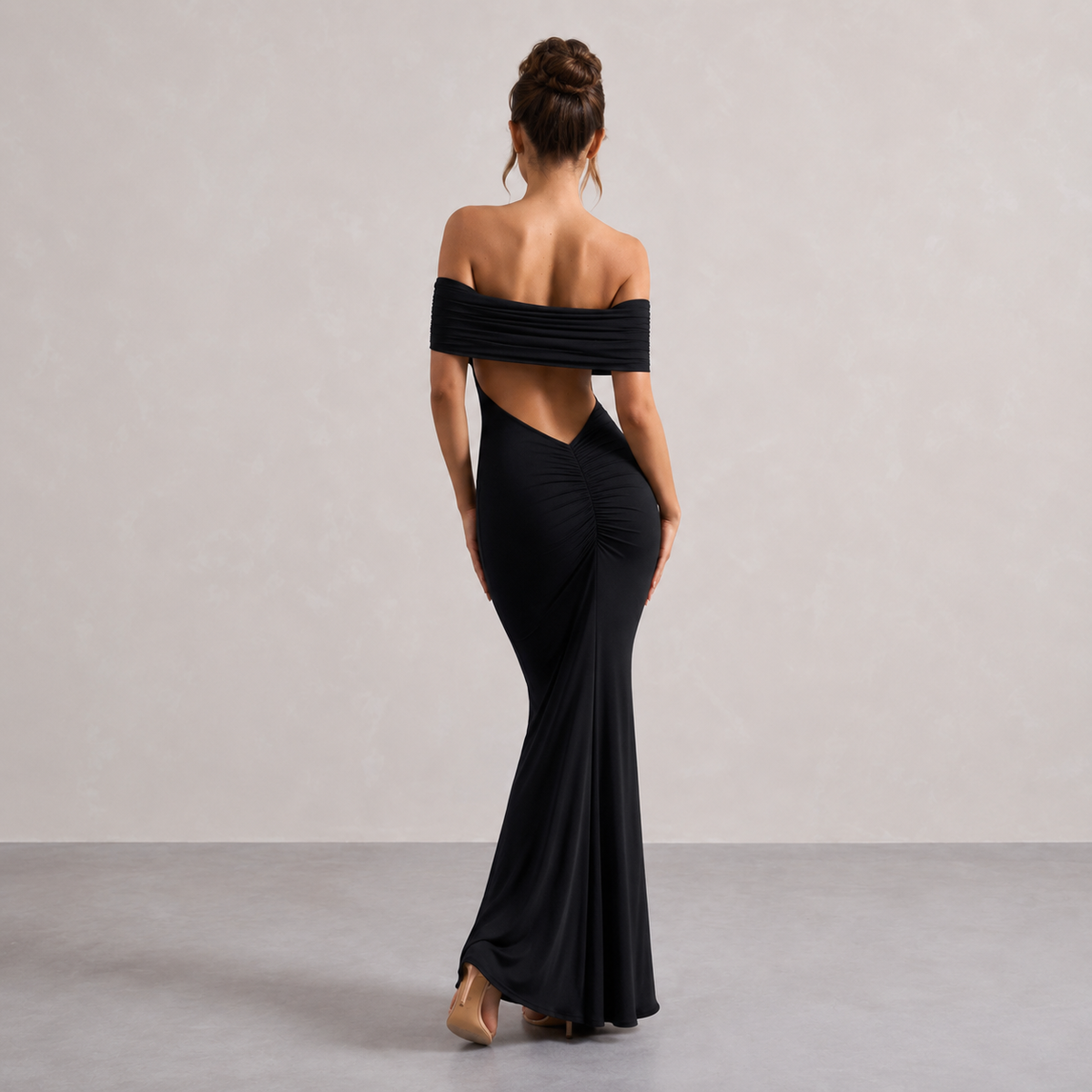 Off Shoulder Pleated Bardot Fishtail Maxi Dress 3