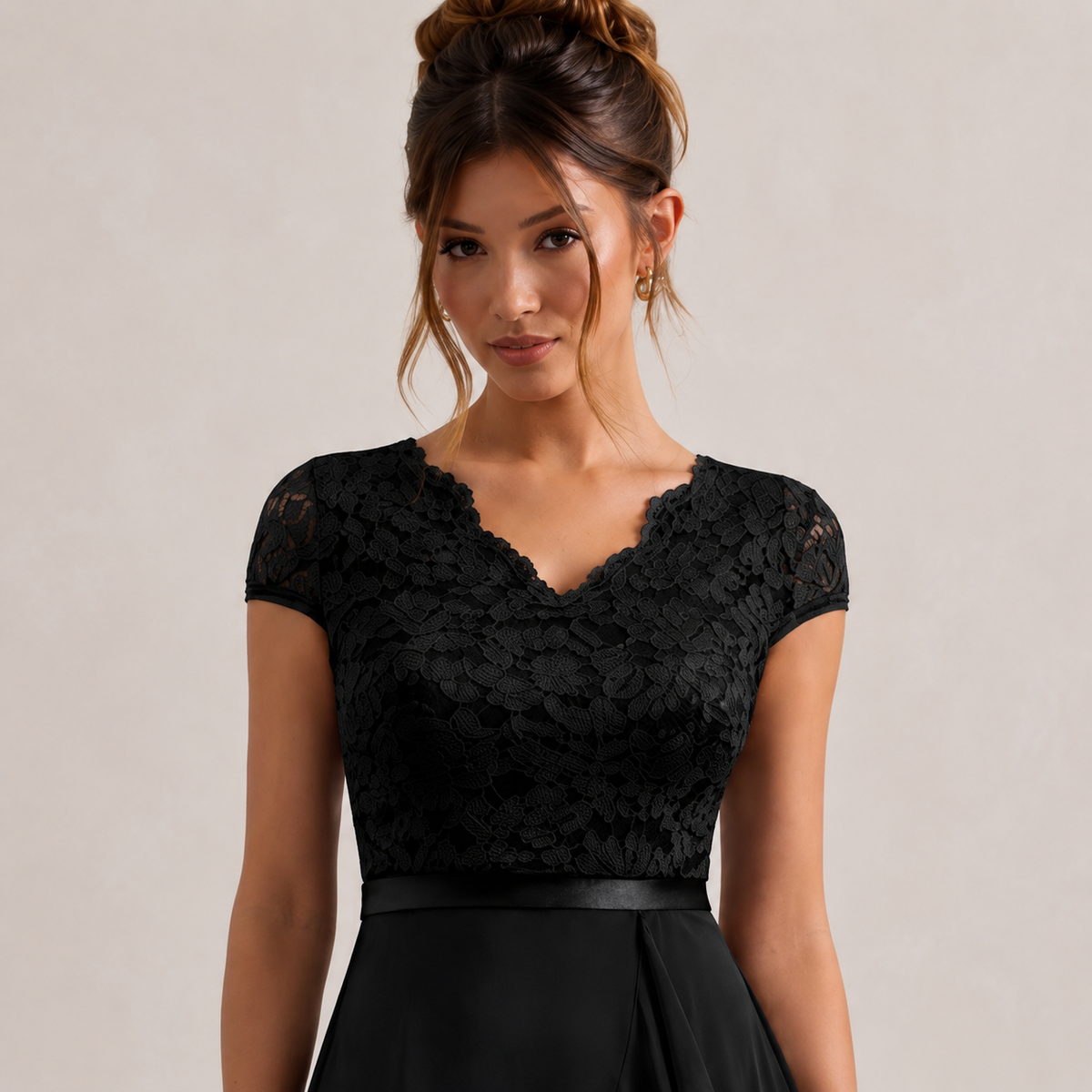 V-Neck Cap Sleeve Lace Bodice Ruffle High Low Midi Dress 2