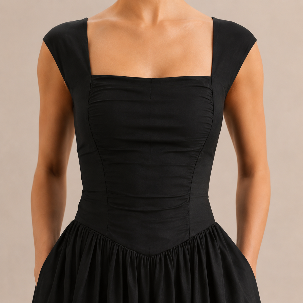 Square Neck Cap Sleeve Ruched Corset Fit and Flare Midi Dress 5