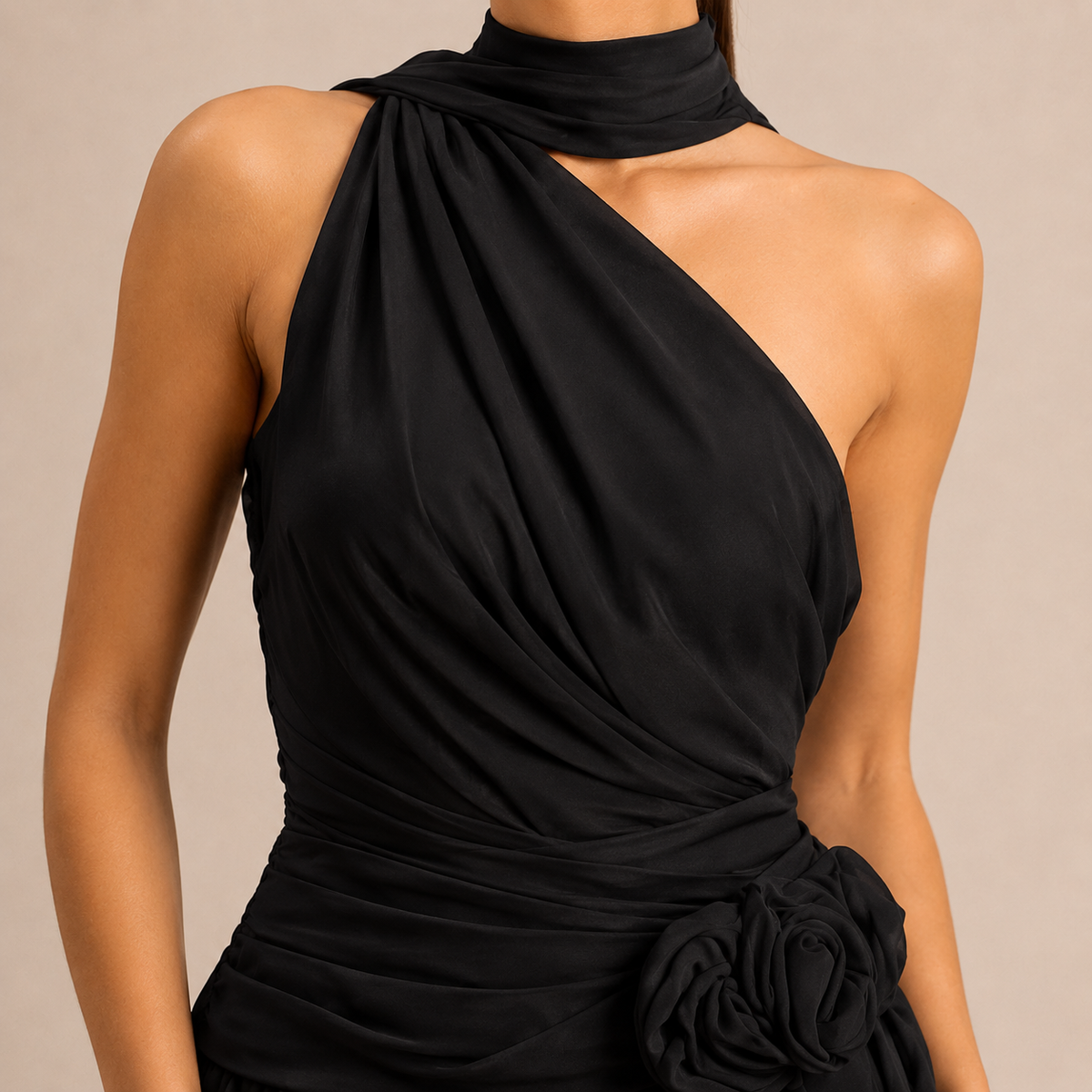 One Shoulder Rosette Ruffle Tiered Mini Dress 2