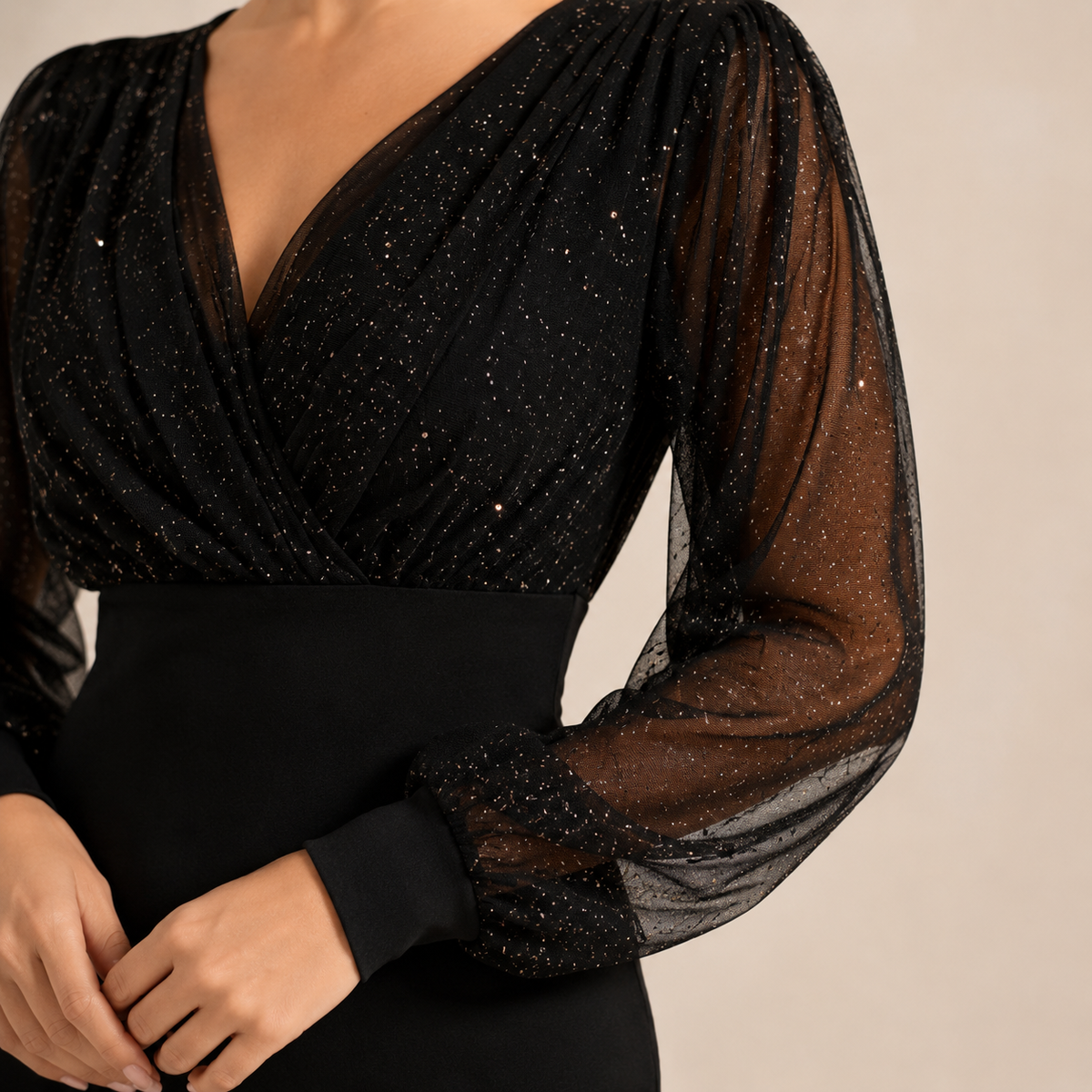 V-Neck Glitter Mesh Long Sleeve Bodycon Mini Dress 2