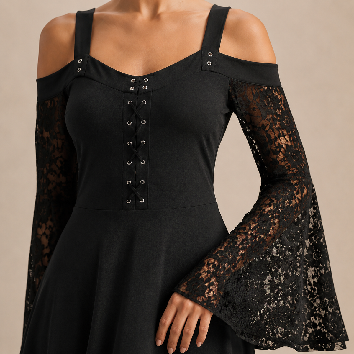 Cold Shoulder Lace Bell Sleeve Lace Up Fit and Flare Dress 2