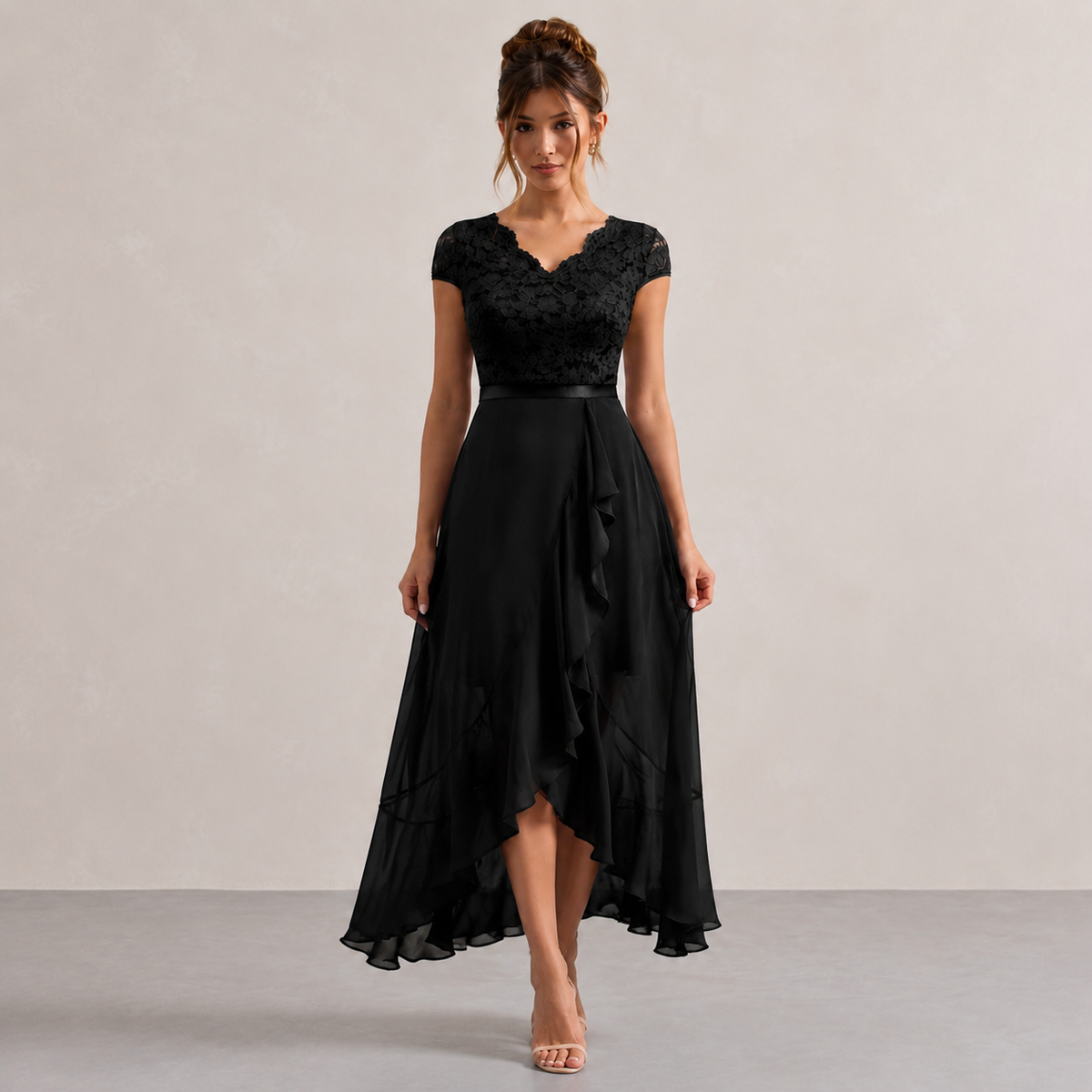 V-Neck Cap Sleeve Lace Bodice Ruffle High Low Midi Dress