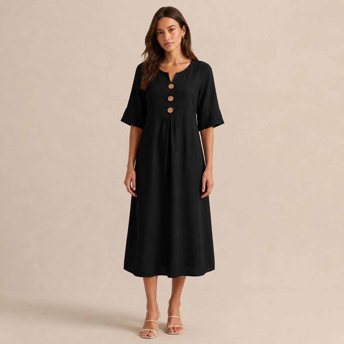 Notch Neck Wooden Button Front Pleated A-Line Midi Dress