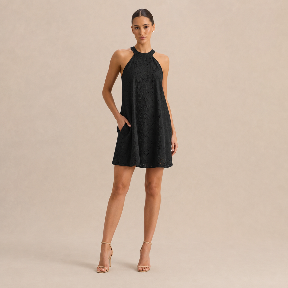 Halter Neck Broderie Eyelet A-Line Swing Mini Dress