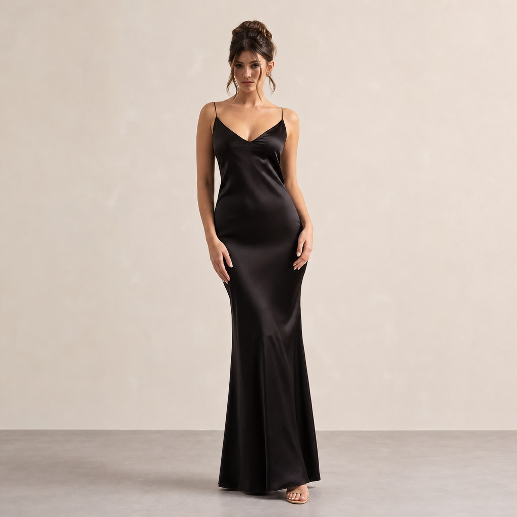 Satin V-Neck Spaghetti Strap Bias Cut Slip Maxi Dress