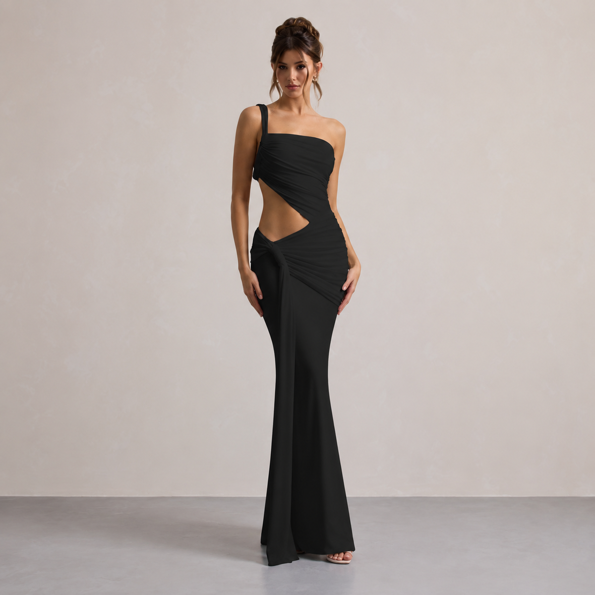 One Shoulder Waist Cut Out Ruched Fishtail Maxi Dress