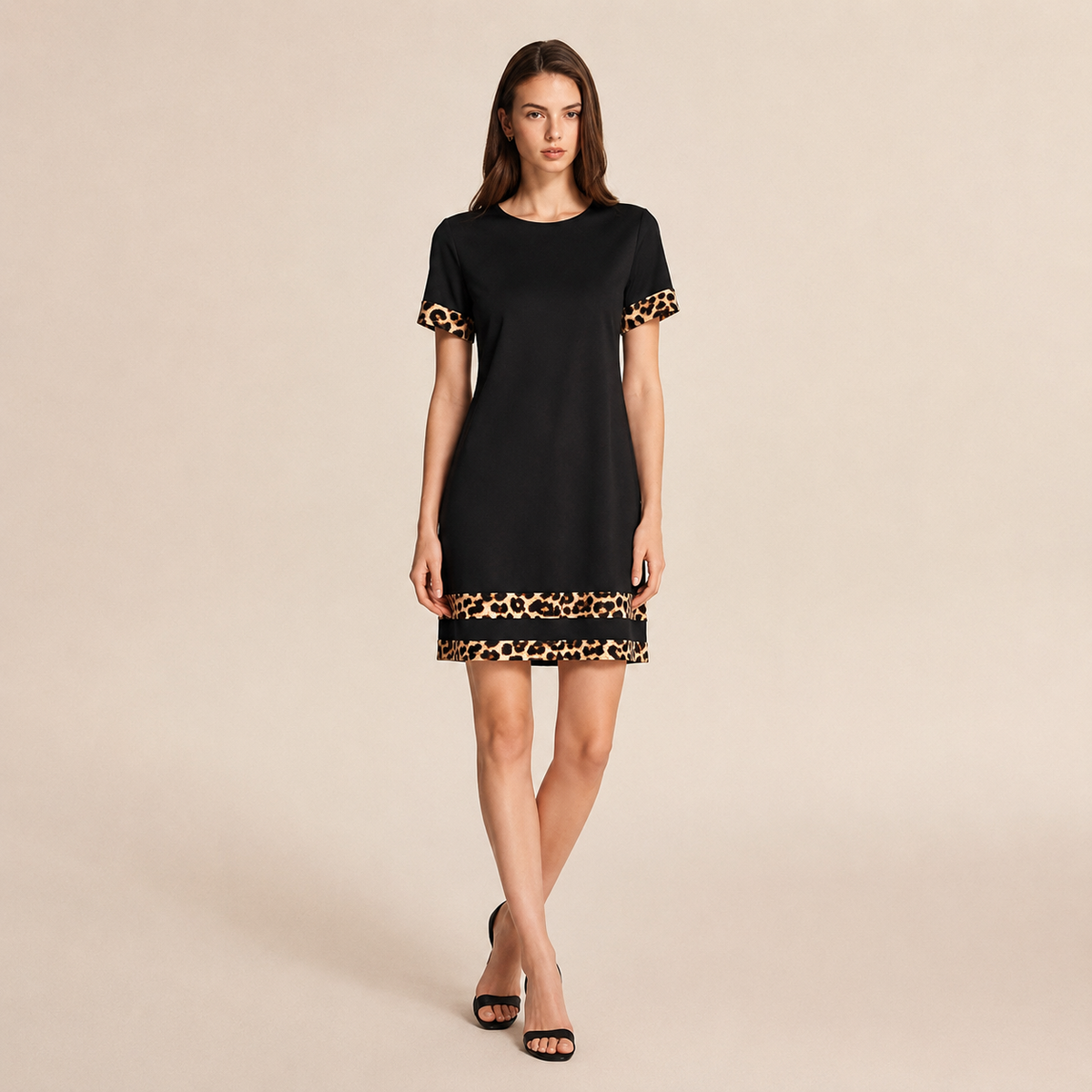 Crew Neck Short Sleeve Leopard Trim Shift Dress