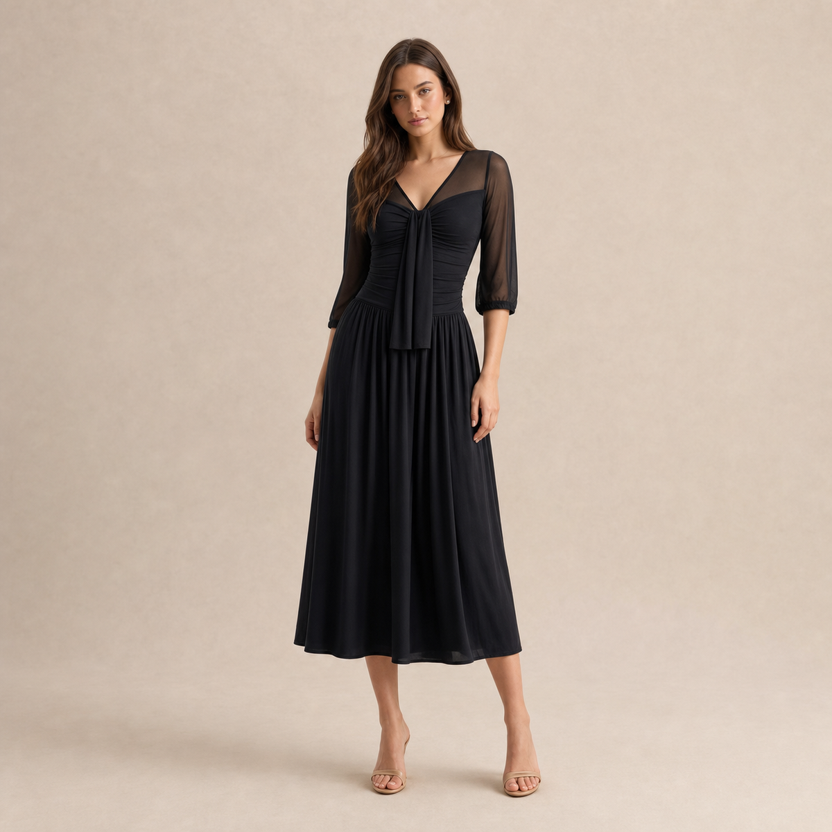 V-Neck Mesh Sleeve Tie Front Ruched Midi Dress