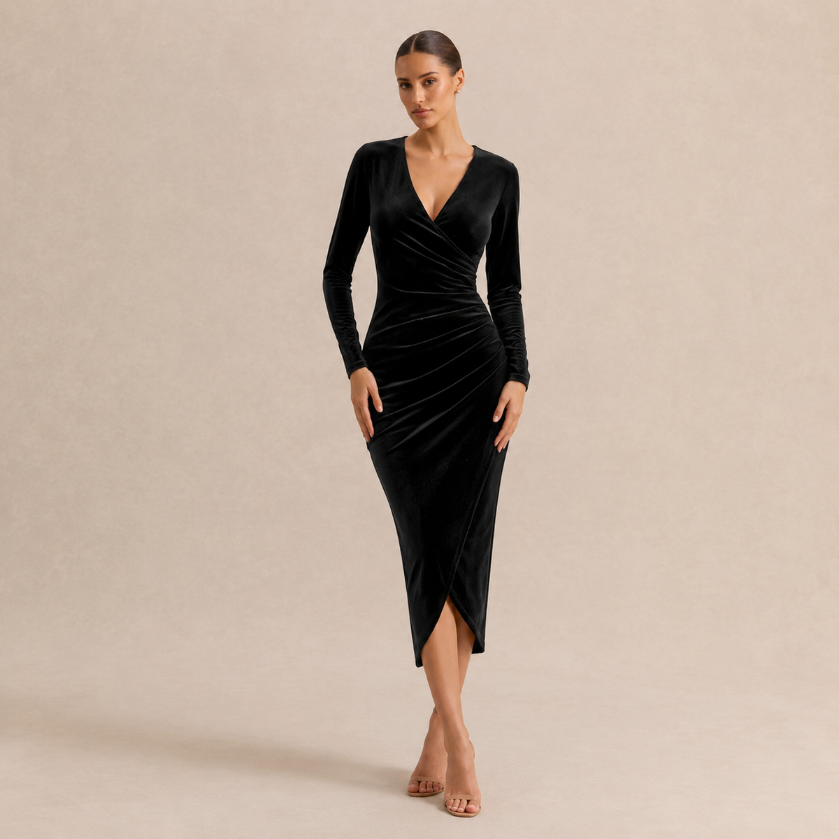 V-Neck Long Sleeve Ruched Velvet Wrap Midi Dress