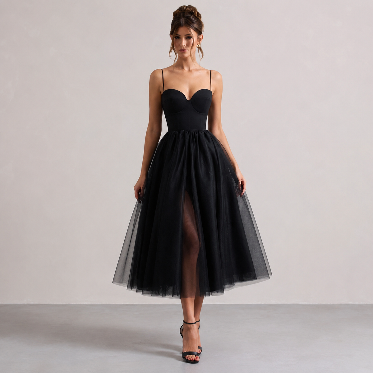 Sweetheart Strappy Corset Split Tulle Midi Dress