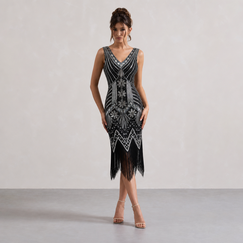 V-Neck Beaded Fringe Sleeveless Flapper Midi Dress