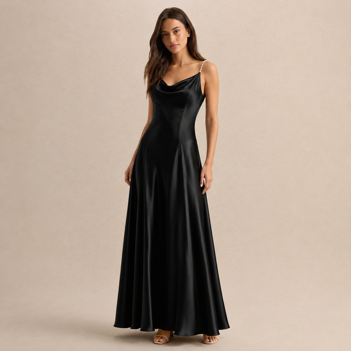 Cowl Neck Pearl Strap Satin Maxi Dress