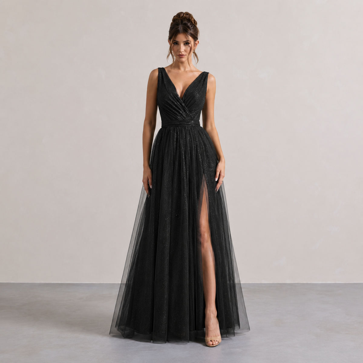 V-Neck Sleeveless Glitter High Split A-Line Maxi Gown