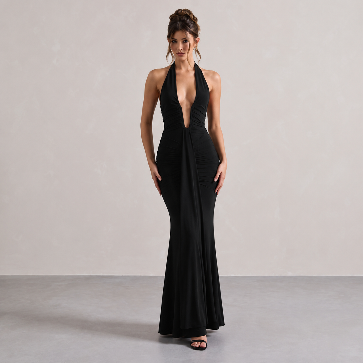 Deep V-Neck Halter Ruched Fishtail Maxi Gown