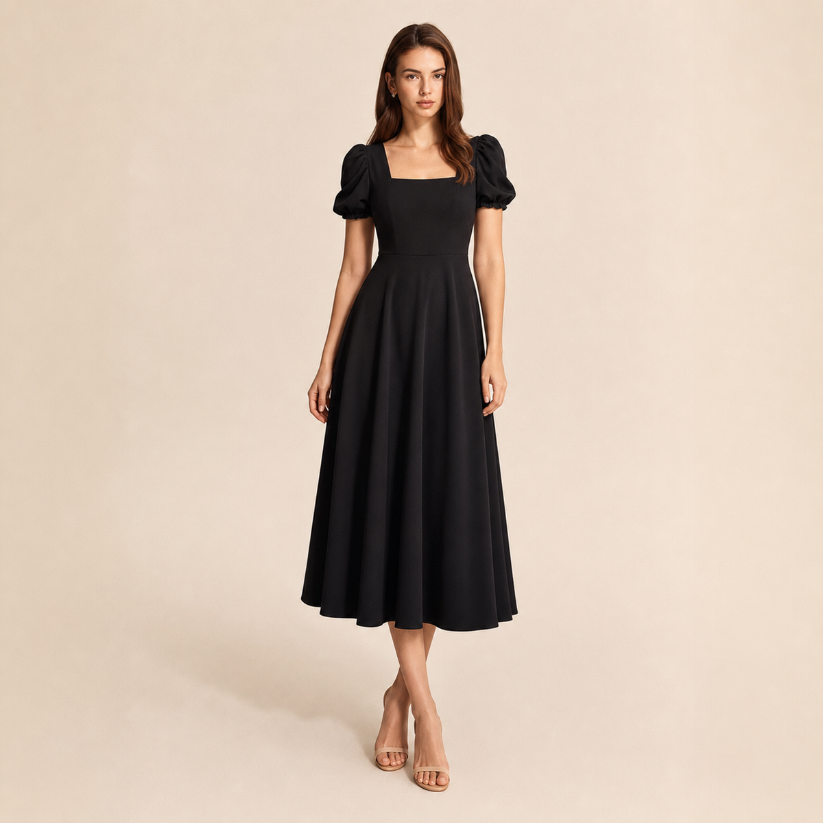 Square Neck Puff Sleeve Fit and Flare Midi Dress
