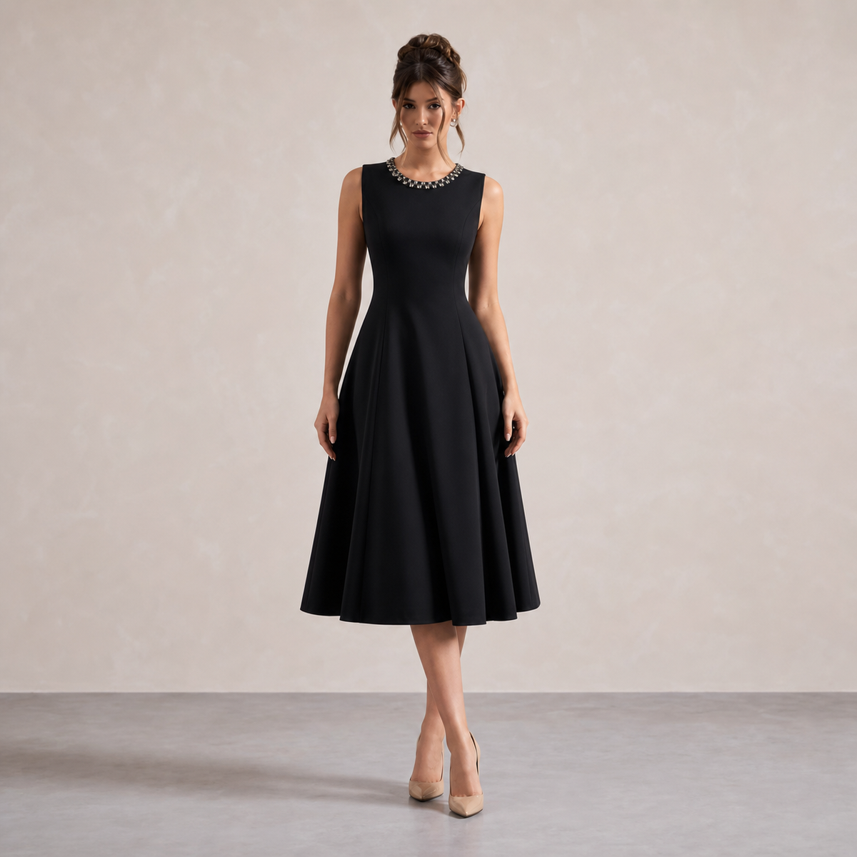 Jewel Neck Sleeveless Fit and Flare Midi Dress