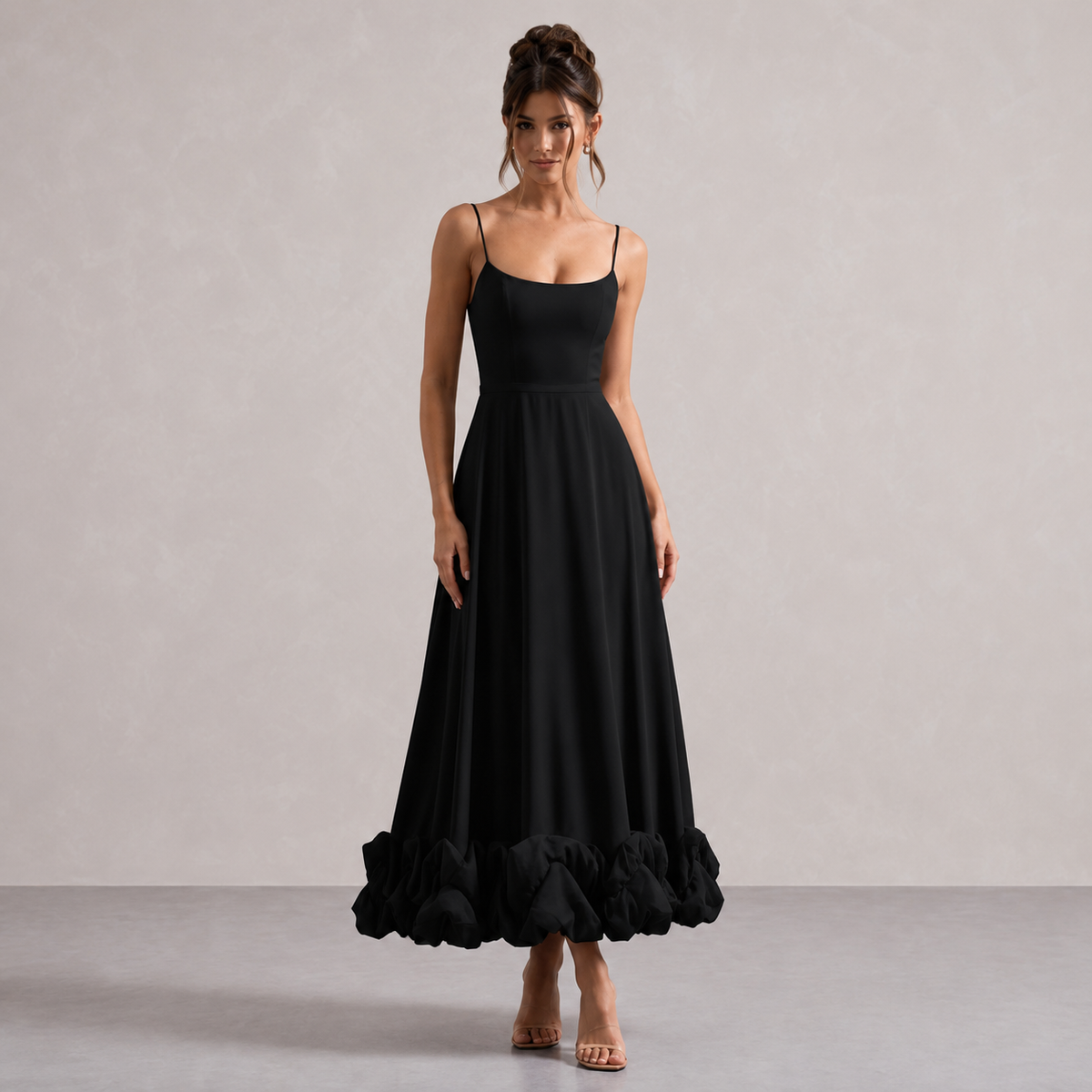 Scoop Neck Strappy Ruffle Hem A-Line Midi Dress