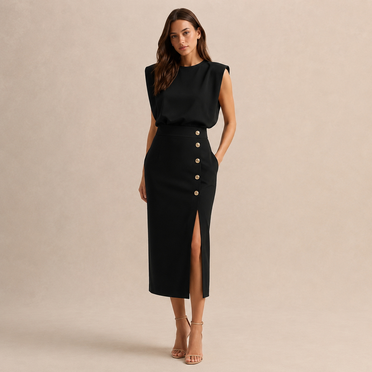 Round Neck Shoulder Pad Button Front Split Midi Dress