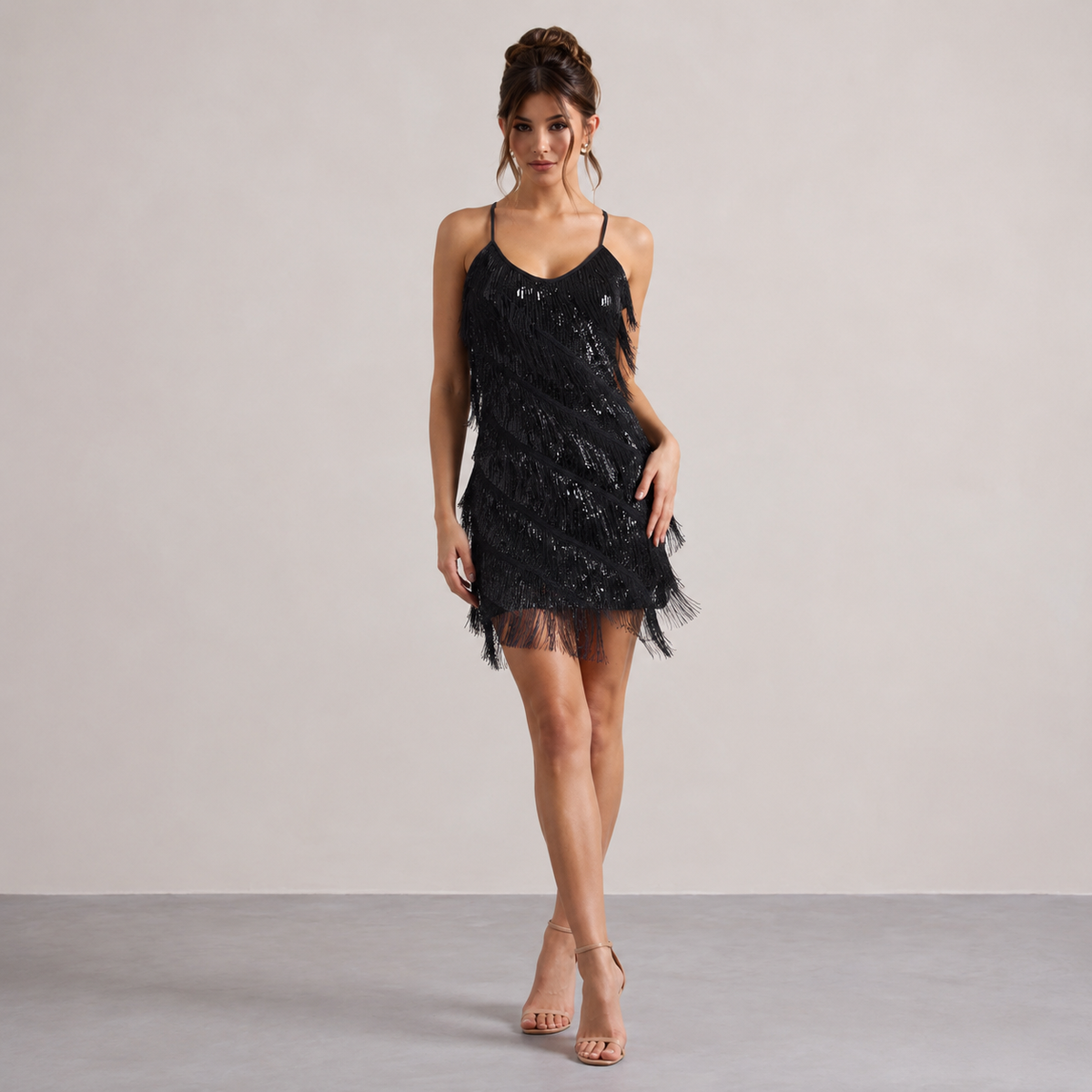 V-Neck Strappy Sequin Tassel Fringe Bodycon Mini Dress