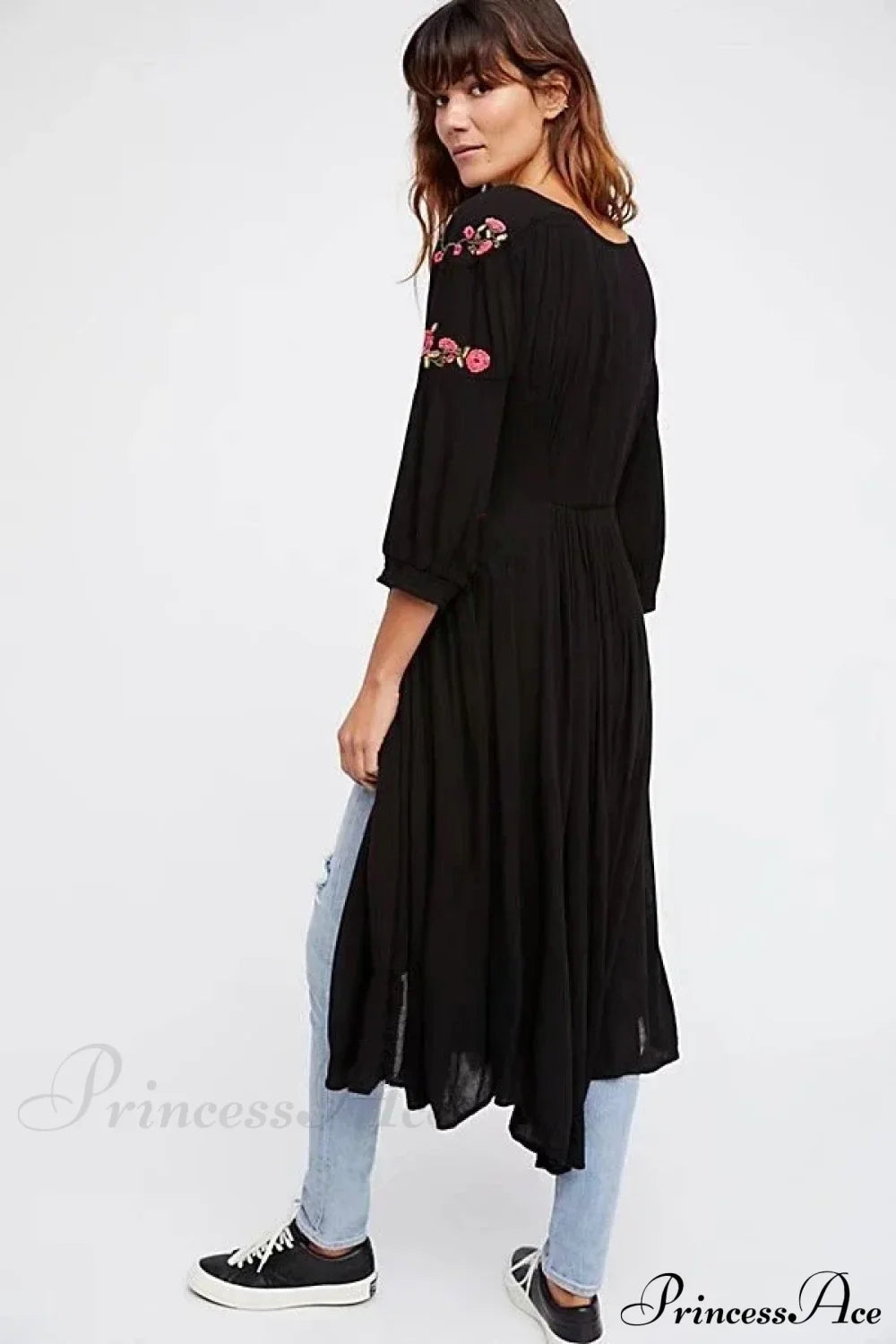 Black Boho Long Dress Floral Embroidery V-neck Hippie Casual Dress