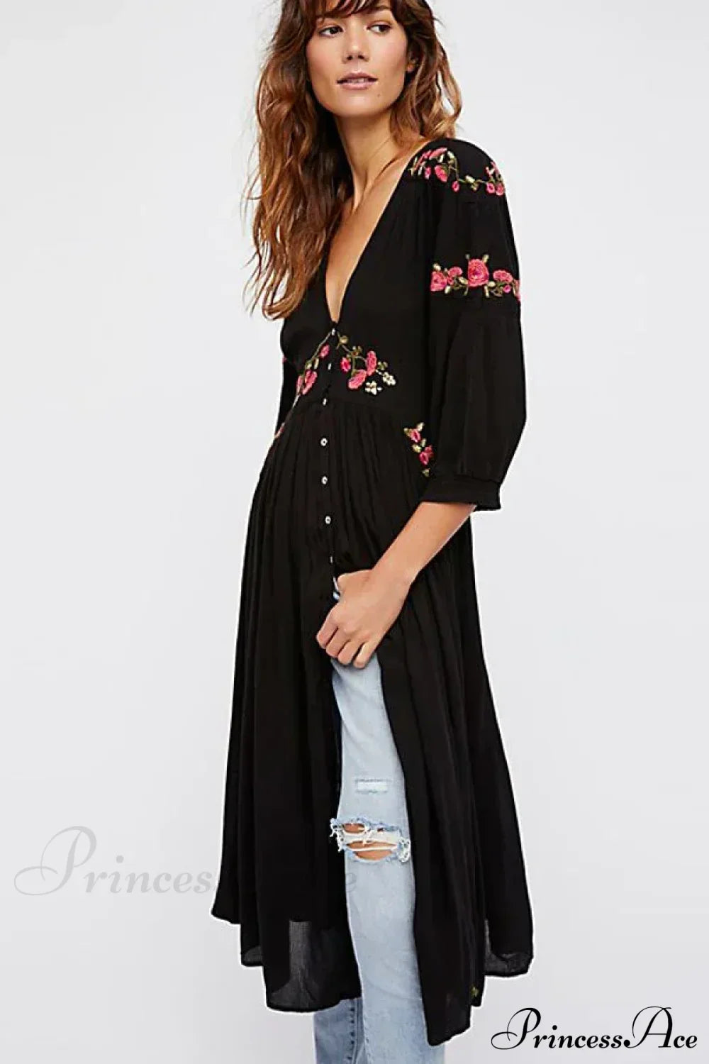 Black Boho Long Dress Floral Embroidery V-neck Hippie Casual Dress
