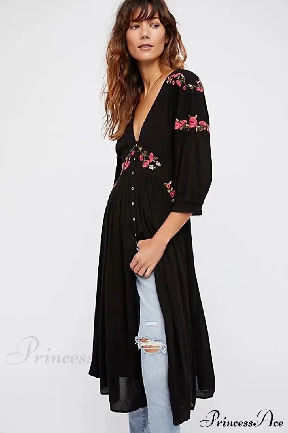 Black Boho Long Dress Floral Embroidery V-neck Hippie Casual Dress Black / S bohodress-250126