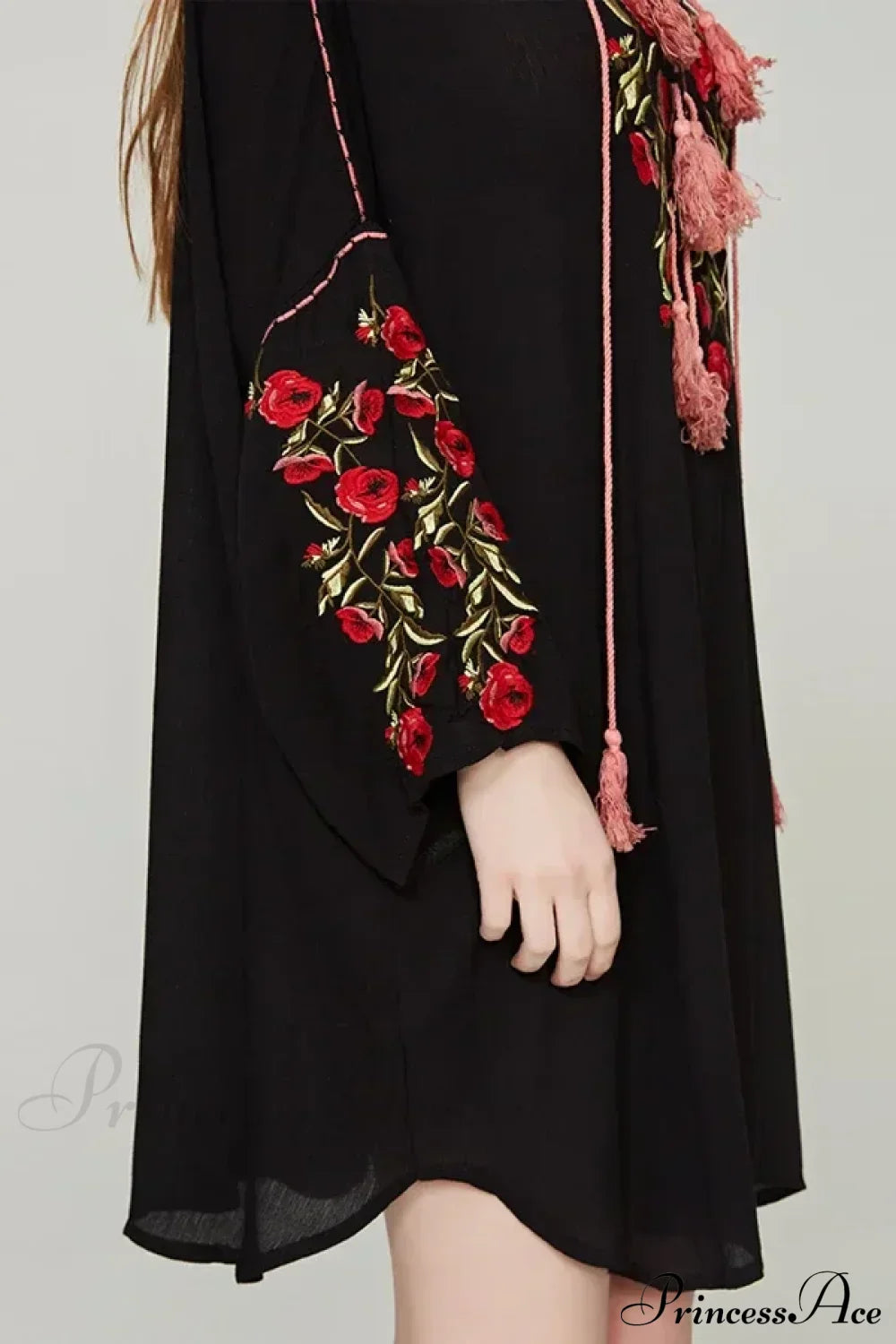 Black Cotton Rayon Floral Embroidery Beach Dress