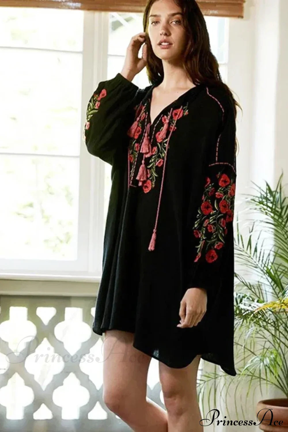 Black Cotton Rayon Floral Embroidery Beach Dress Black / S bohodress-250126
