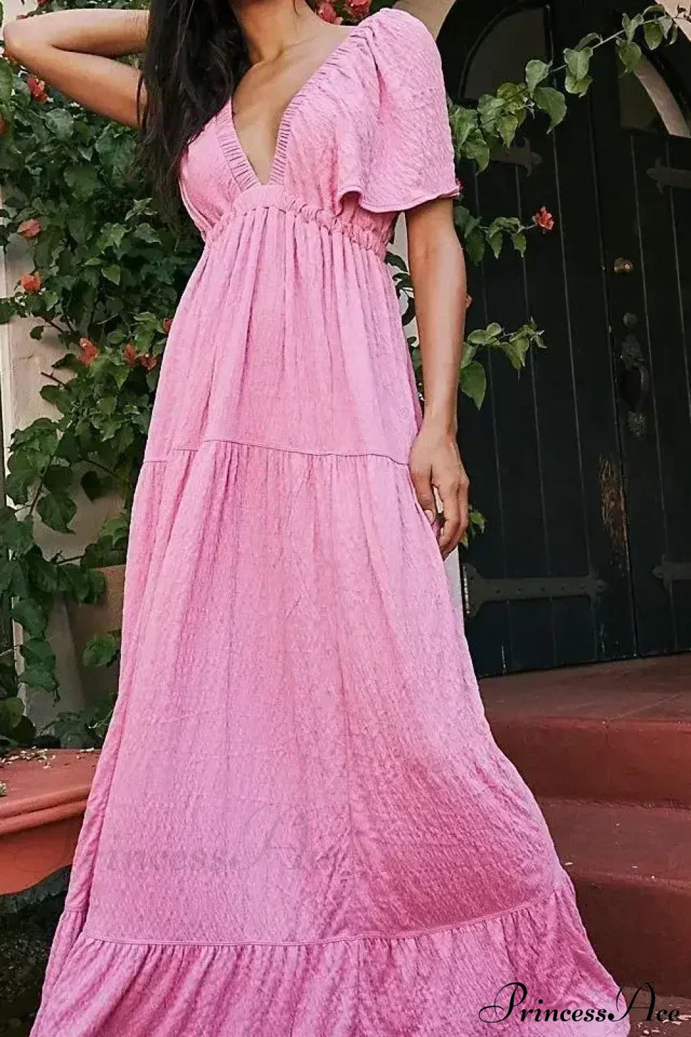 Black Embroidery Round Neck Flare Boho Dress Pink / S bohodress-250126