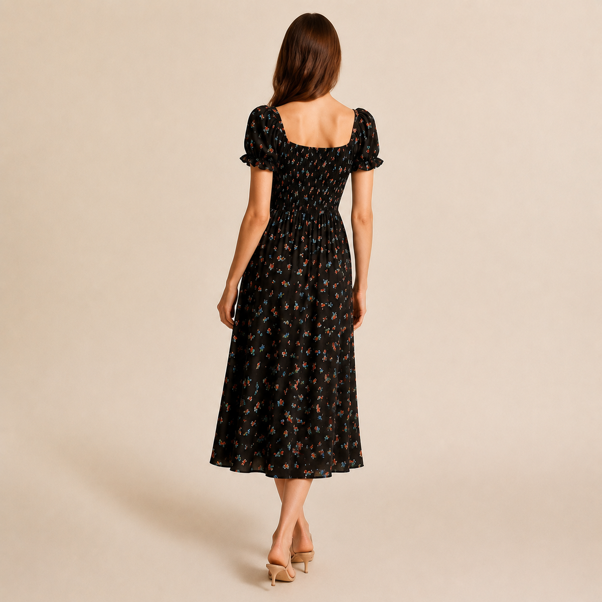 Floral Square Neck Puff Sleeve Smocked High Split Midi Dress 3